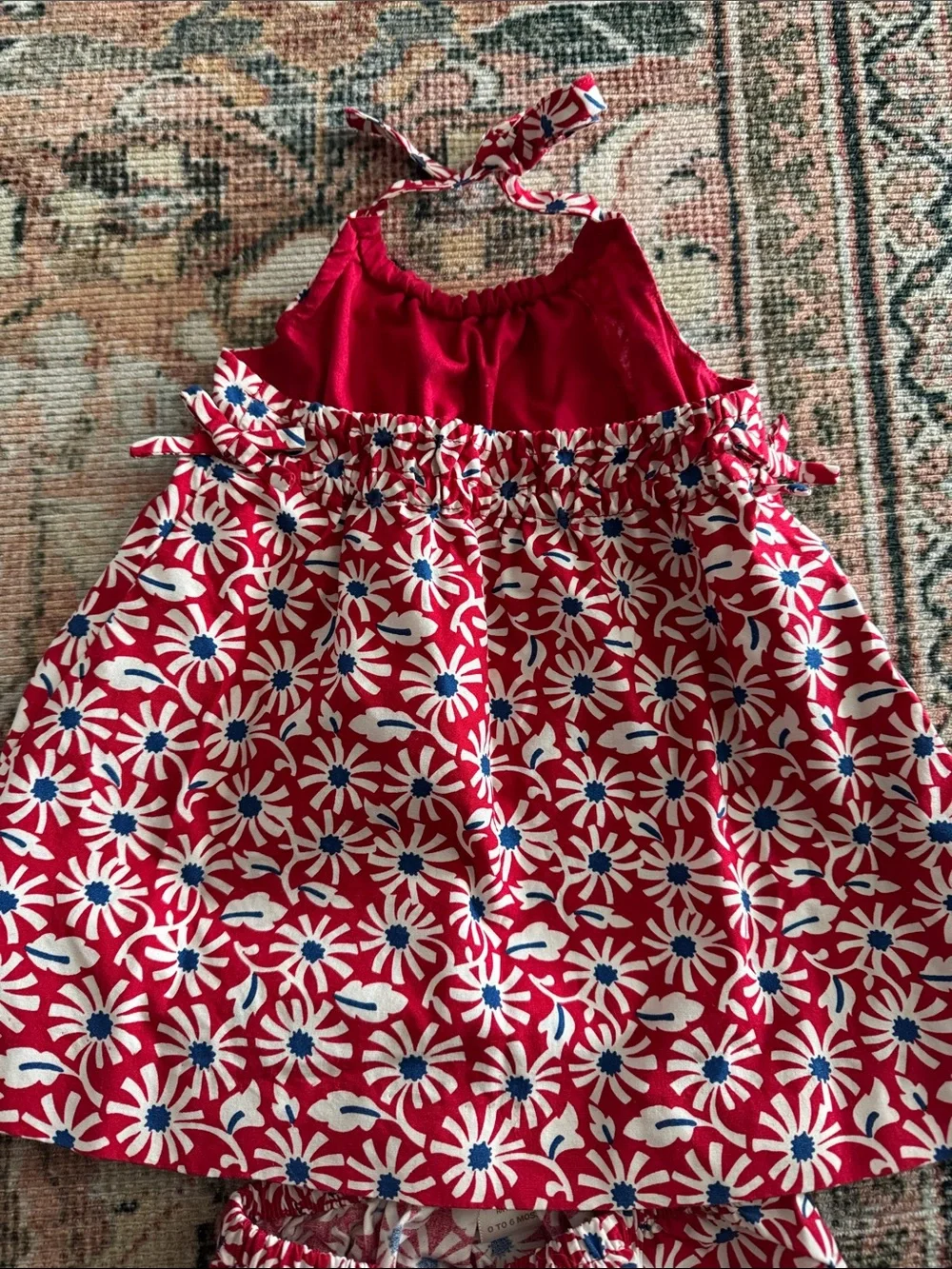 Janie and Jack Red Daisy Halter Pajama Set with Navy Accents